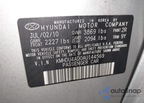 2010 Hyundai Elantra Gls from USA, damaged, VIN KMHDU4AD0AU144569